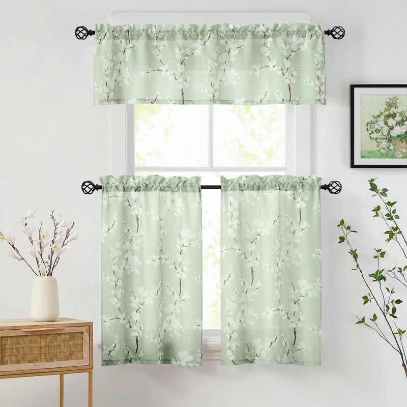 FMFUNCTEX Green Window Valance Curtains for Living Room White Floral Print on Canvas Kitchen Valance for Bathroom Basement Window Top Botanical Blossom 54â€ W x 15" L 1 Panel - Image 2